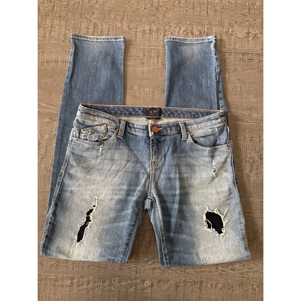 Armani‎ Jeans AJ Lotus Women's 28 Distressed Skinny Slim Denim Jeans Blue Ripped